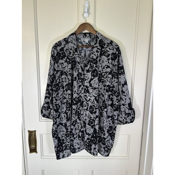 Catherines Floral Button Collared Blouse Womens Size 4X Black White Artsy - Picture 1 of 8